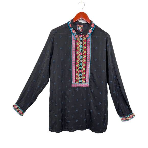 Johnny Was Black Sheer Tunic Size Medium Embroidered Half Button Up Indian Boho - Picture 1 of 13